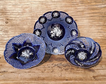 Lattice / Lace Porcelain Bowls, Set of 3, Cluj Napoca, White Floral Bouquet, Deep Blue, Handmade Romanian, Vintage