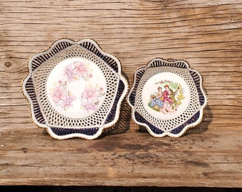 Lattice / Lace Porcelain Bowls, Set of 2, Arpo Curtea de Arges, Pink Flower and Young Couple, Handmade Romanian, Vintage