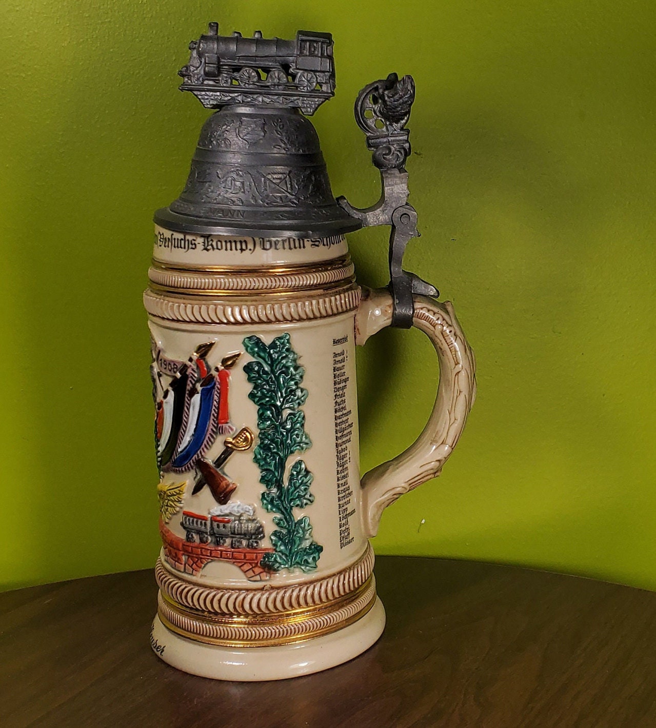 Vintage Ceramic German Beer Stein With Pewter Lid 'thewalt Regimental