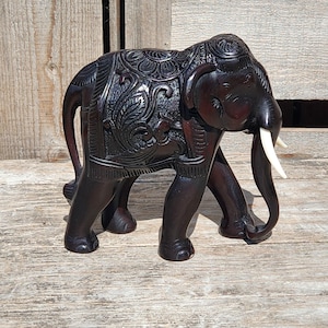 Figurine, Elephant, Ebony and Ivory Styled, Intricately Carved, Display Piece, Likely Made of Resin, Vintage