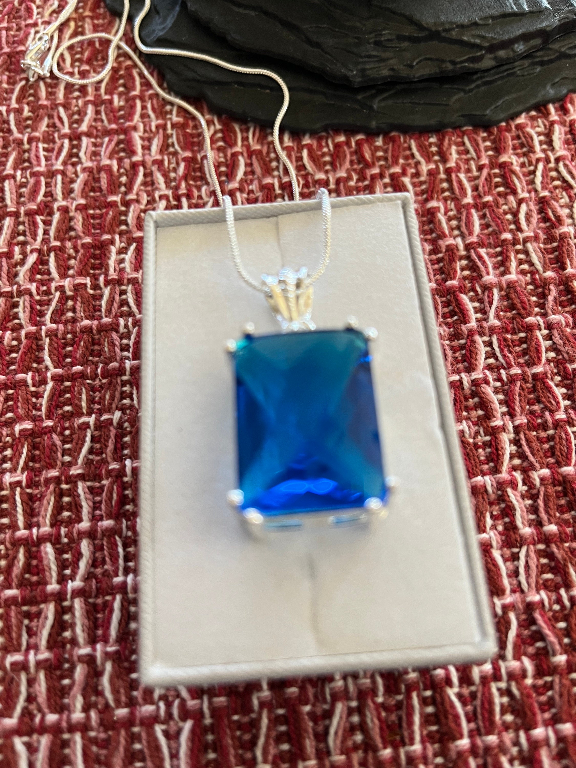 Large Rectangular Blue Topaz Necklace, Blue Topaz Pendant With Your ...
