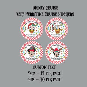 May include: Four circular stickers featuring Disney characters in festive outfits. Mickey and Minnie Mouse, Donald and Daisy Duck are depicted with Christmas hats and reindeer antlers. The stickers have a red and white checkered pattern and the text "Very Merrytime Cruise Stickers."