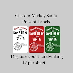 Christmas Disney Santa Personlized Name Sticker Labels 12 per sheet - disguise handwriting Custom Printed