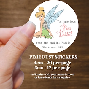 Pode incluir: Um autocolante redondo com a Sininho e o texto "You have been Pixie Dusted". O autocolante também inclui o texto "From the Hawkins Family, Stateroom: 6508". Parte de um conjunto de "Pixie Dust Stickers".