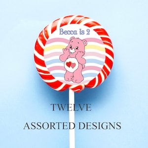 Care Bear Sticker Rounds - Vintage - Party Favours, Lollipop, Bag & Treats 12 Assorted Customised