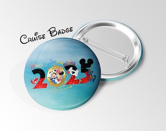 May include: A round Disney Cruise 2023 badge with a blue background and a silver pin back. The badge features Mickey and Minnie Mouse, a ship's wheel, and the text "Disney Cruise" and "2023". The words "Cruise Badge" are above the badge.