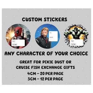 Custom Stickers ANY character of your choice Pixie Dust Fish Exchange Gift Cruise