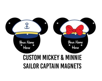 May include: Custom Mickey and Minnie Mouse sailor captain magnets. One magnet features a white sailor hat with an anchor, the other a red bow. Both have black ears and the text "Your Name Here".
