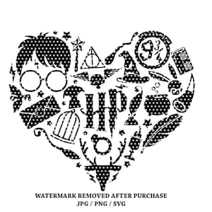 May include: A black and white heart-shaped graphic featuring Harry Potter symbols such as glasses, a lightning bolt, a sorting hat, and the Hogwarts crest. The image has a dotted pattern.