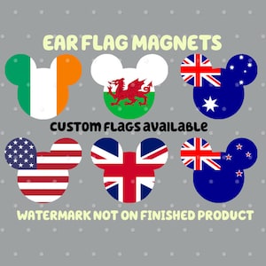 May include: A collection of ear flag magnets featuring various national flags, including the United States, Ireland, and the United Kingdom, in a Mickey Mouse ear design. Text reads "EAR FLAG MAGNETS" and "CUSTOM FLAGS AVAILABLE".