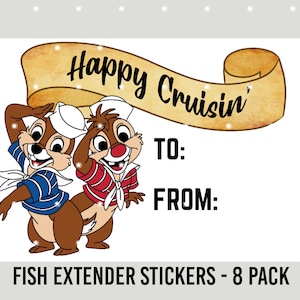May include: A sticker sheet featuring two cartoon chipmunks in sailor outfits saluting under a banner that reads "Happy Cruisin'". The stickers include spaces to write "To:" and "From:" and are labeled "Fish Extender Stickers - 8 Pack".
