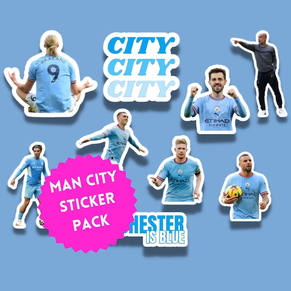 Manchester City sticker pack - 9 pack of stickers, Haaland, Grealish, Bernardo Silva, Foden, De Bruyne, Pep Guardiola