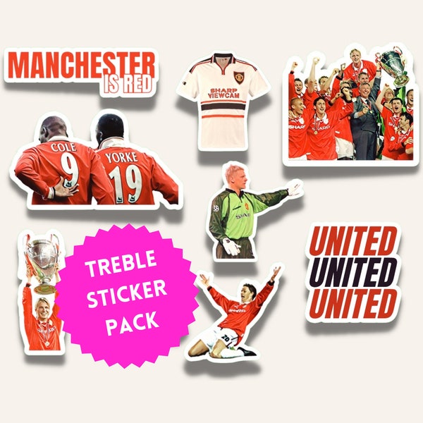 Manchester United 99 TREBLE sticker pack - 9 pack of stickers, Ole, Cole, Beckham, Premier league, FA, Champions league, Giggs, Fergie