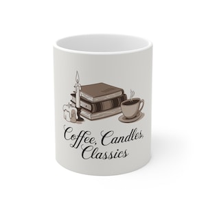 Klassiker av kaffeljus | Keramisk 30 cl mugg | Diskmaskins- och mikrovågssäker | Gåva för bokälskare