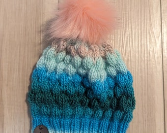 Handknit Mermaid Hat, 100% washable wool with detachable pom-pom