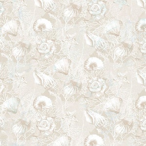 May include: A seamless pattern featuring a delicate white floral design on a light beige background. The pattern is made up of stylized flowers and leaves, creating a subtle and elegant look.