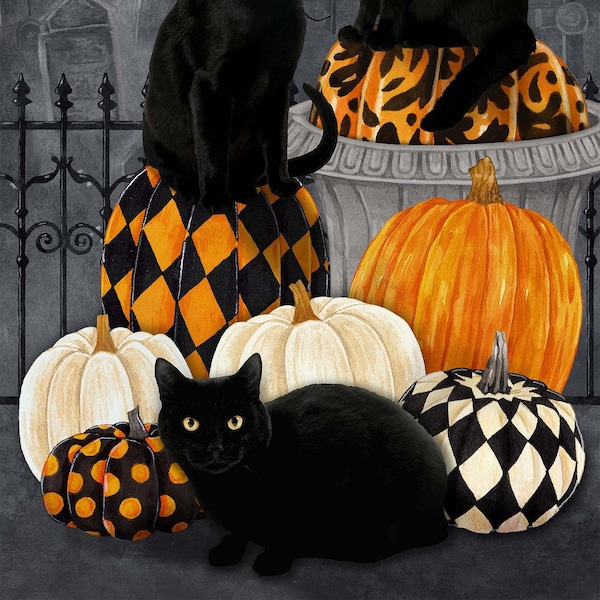 Hallow's Eve - Cat Panel - Per 24" Panel - by Cerrito Creek for Northcott Fabrics - Halloween, Pumpkins, Black Cats - 27080-99 Black Multi