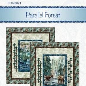 May include: A quilt pattern titled "Parallel Forest" featuring two framed forest scenes with bears in a river. The quilts have a blue and brown border with a forest-themed pattern. The text "Bound to be Quilting" is at the bottom.