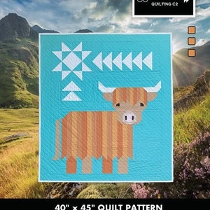 May include: A turquoise quilt pattern featuring a Highland cow design with a geometric star and arrow pattern. The quilt measures 40 x 45 inches. The text "Cattle Call, A Highland Coo Quilt" is displayed at the top, with the Art East Quilting Co. logo.