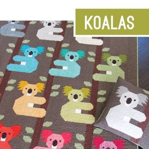 May include: A quilt and pillow pattern featuring colorful koala bears on a brown background with green leaves. The pattern is titled "Koalas" and is by Elizabeth Hartman.