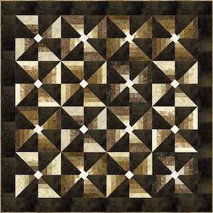 May include: A quilt pattern with a repeating geometric design of brown, beige, and white triangles. The quilt is made up of many smaller squares, each with a different arrangement of the triangles.