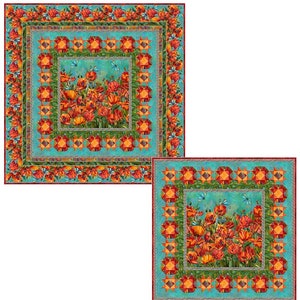 May include: Two square quilt blocks with a turquoise background, featuring a central design of orange poppies and green leaves. The blocks are surrounded by a border of orange, red, and green geometric shapes.
