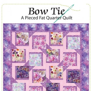 May include: A floral quilt pattern titled "Bow Tie" with a pink and purple color scheme. The quilt features square blocks with floral patterns and a border with a watercolor effect. The text "Quilting Renditions" is at the bottom.