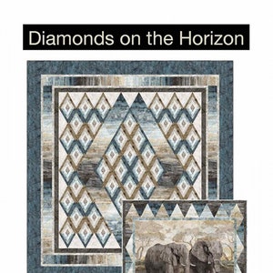 May include: A quilt pattern featuring a diamond design in shades of blue, brown, and white. The pattern is called "Diamonds on the Horizon" and is available from Pine Tree Country Quilts. The phone number and website are included.
