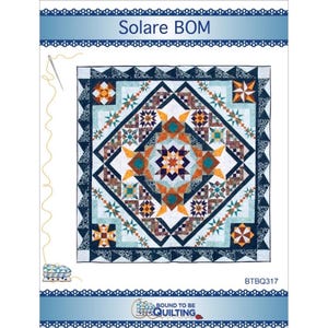 May include: A quilt pattern titled "Solare BOM" featuring a geometric design with star and diamond shapes in shades of blue, orange, brown, and white. The quilt has a dark blue border and is labeled "Bound to be Quilting."