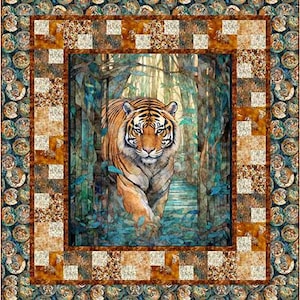 May include: A quilted textile featuring a tiger in a forest setting. The tiger, with orange and black stripes, is the focal point, set against a backdrop of trees and foliage. The quilt has a patterned border with shades of brown, blue, and tan.