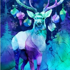 May include: A digitally painted image of a deer with large antlers, adorned with Christmas ornaments. The deer is rendered in shades of blue, purple, and white, set against a backdrop of snowflakes and a panel size of 24" x 43".