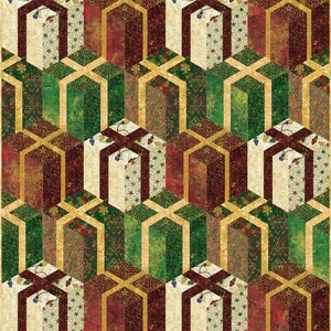 May include: A quilt pattern with a repeating design of boxes with gold, red, and green colors. The boxes are arranged in a geometric pattern.