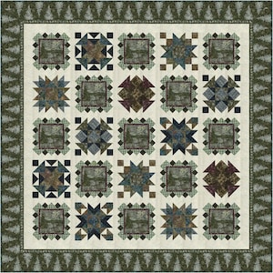 May include: A quilt with a white background and a repeating pattern of green, blue, and brown squares. The squares are arranged in a grid pattern and each square features a different design. The quilt is surrounded by a border of green and brown.