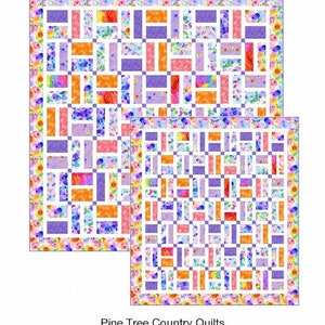 May include: Two quilts with a colorful patchwork design. The quilts feature rectangular blocks in shades of orange, purple, pink, and white, arranged in a grid pattern. The borders are adorned with floral patterns. The text "Garden Hopscotch" is at the top.
