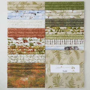 May include: A collection of fabric swatches with various nature-themed patterns. The swatches feature designs of leaves, trees, and landscapes in shades of green, brown, and white. A label reads "Nature's Elements Tiles".
