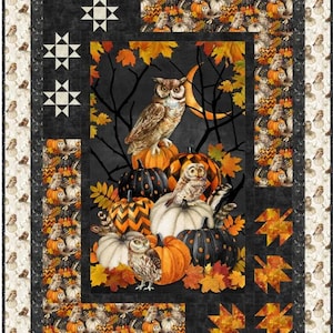 May include: A decorative quilt featuring owls perched on pumpkins with autumn leaves. The quilt has a black background with star and pumpkin patterns. The border has a repeating owl pattern.