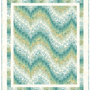 May include: A rectangular quilt with a floral pattern in shades of teal, yellow, and white. The quilt features a repeating design of stylized flowers and leaves, framed by a white border. The overall aesthetic is soft and inviting.