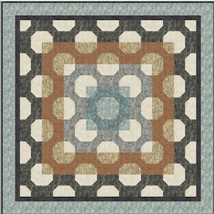 May include: A square quilt with a geometric pattern. The quilt features a central blue square, surrounded by a brown square, then a gray square with white octagons. The border is a light blue floral pattern.