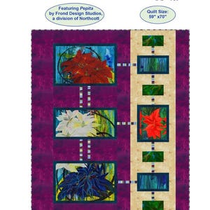 May include: A colorful quilt with the text "Snapshots" and "PS-469". The quilt features rectangular panels with floral designs in red, white, and blue, set against a purple background. Quilt size is 59" x 70".