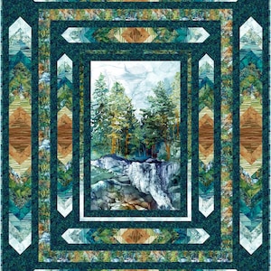 May include: A quilted wall hanging featuring a central landscape scene of a waterfall and forest. The quilt has a dark teal border with geometric patterns in shades of teal, brown, and white. The overall design evokes a natural, outdoorsy theme.