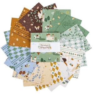 May include: A collection of fabric squares with various patterns and colors. The squares feature designs of castles, knights, and other fairytale elements. The fabric bundle is labeled "Faraway Kingdom."