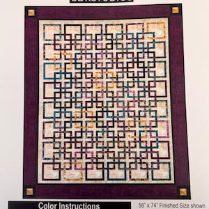 May include: A quilt pattern titled "CHAIN LINKS" by CDKSTUDIOS. The quilt design features interlocking squares in shades of teal, purple, gold, and black, set against a cream background. The finished size is 58" x 74". Includes color instructions and a full-sized pattern.