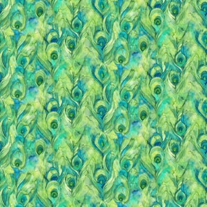 May include: A repeating pattern of peacock feathers in shades of green and blue. The feathers have a watercolor effect, with a mix of light and dark tones. The design is dense and covers the entire image.