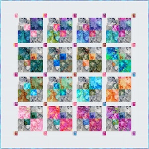 May include: A colorful quilt with a grid pattern. Each square is divided into four smaller squares with abstract watercolor designs in shades of blue, pink, orange, and green. The background is a light gray.