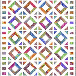 May include: A colorful quilt with a geometric pattern of squares and triangles. The quilt is made with a variety of fabrics in shades of blue, green, pink, orange, and yellow. The quilt is bordered with a row of smaller squares in different colors.