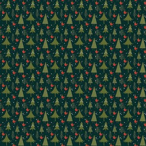 May include: A seamless pattern featuring green Christmas trees and red cardinals on a dark green background. The pattern is perfect for holiday crafts and decorations.