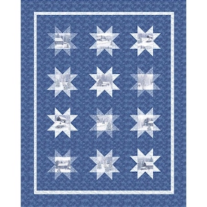 May include: A blue quilt with a white border and a repeating pattern of white stars with a winter scene in the center of each star.