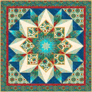 May include: A colorful quilt with a starburst design. The quilt features a central turquoise star, surrounded by cream-colored star points and blue triangles. Small floral squares and a red border complete the design.