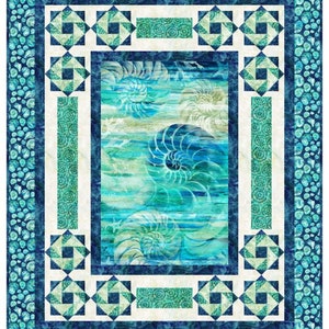 May include: A quilted textile featuring a sea-themed design. The quilt showcases a central panel with nautilus shell imagery in shades of blue and teal. The border includes geometric patterns and seashell motifs, creating a cohesive and decorative piece.