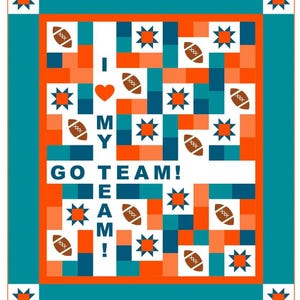 May include: A white background with a patchwork design of orange, teal, and blue squares. The center of the design features the words "I love my team!" with a red heart and footballs throughout the design.